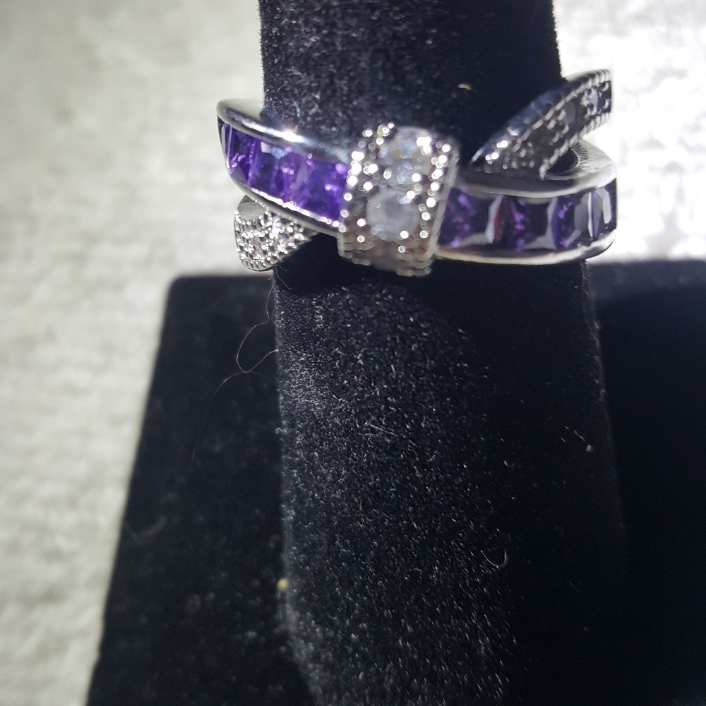 Amethyst Gemstones & CZ Ribbon Fashion Ring SZ 7 NEW